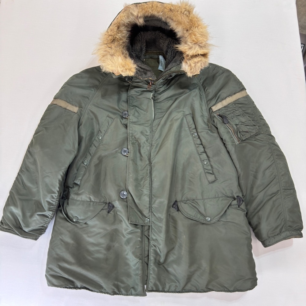 Vintage N-3B Snorkel Parka Military Flight Jacket Olive Green Fur Hood